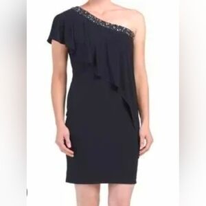 Betsy & Adam Black One-Shoulder Dress with Embellished Neckline Size 14 (6011)